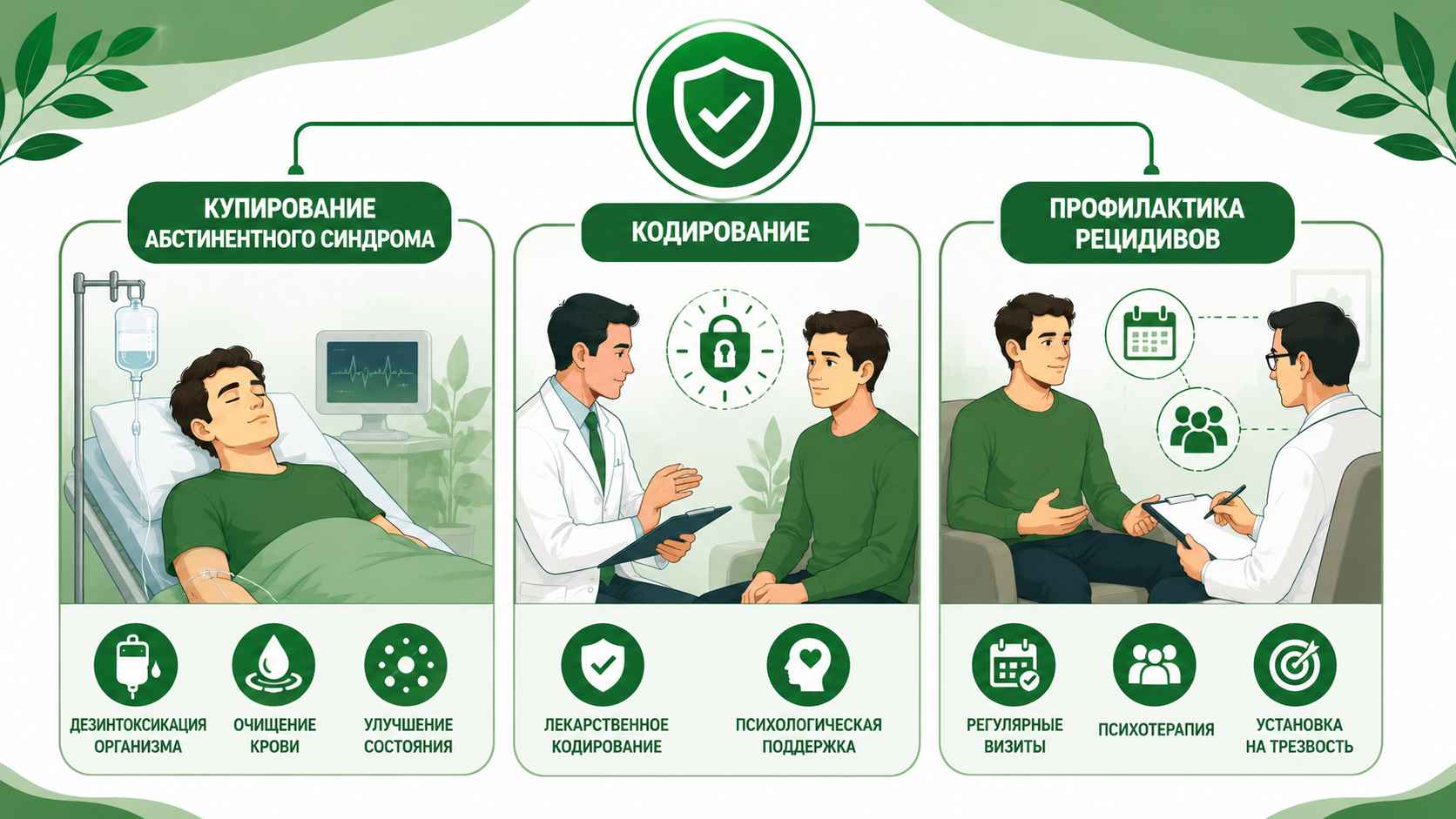 Инфографика с тремя этапами химической защиты от алкоголизма: купирование абстинентного синдрома, кодирование и профилактика рецидивов.
